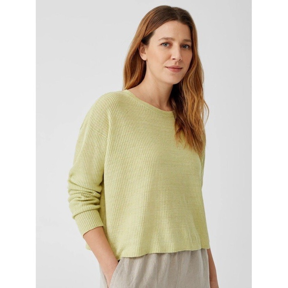 NEW Eileen Fisher Organic Linen Delave Round Neck Top Yellow/Green Sz Medium